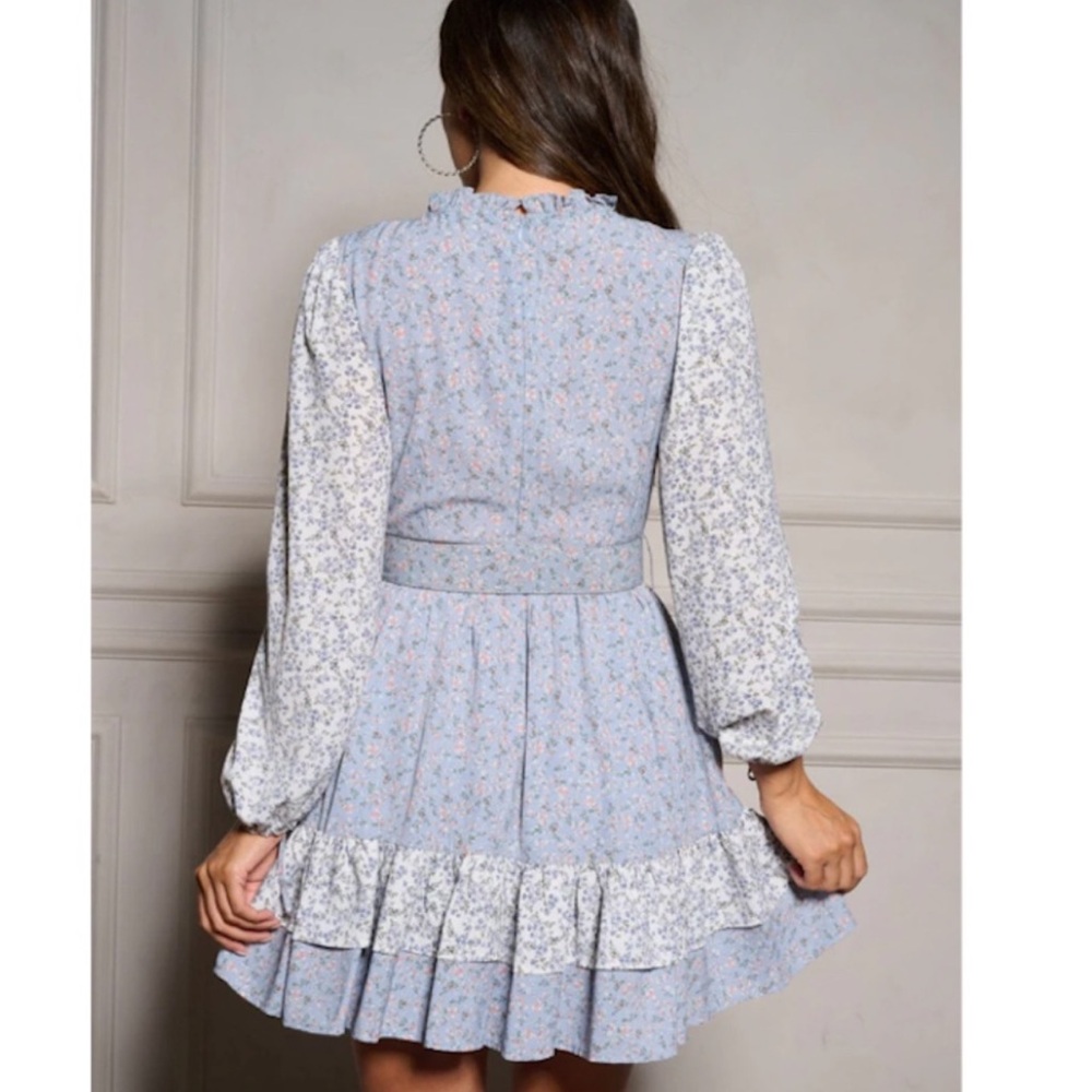 "The Luna" Blue Long Sleeve Belted Smocked Floral Mini Dress - Picture 3 of 4